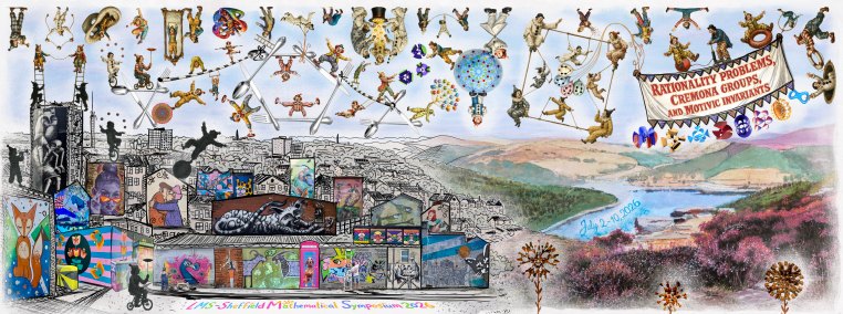 Full mug banner with Sheffield, mathematical clues, clowns and landscape